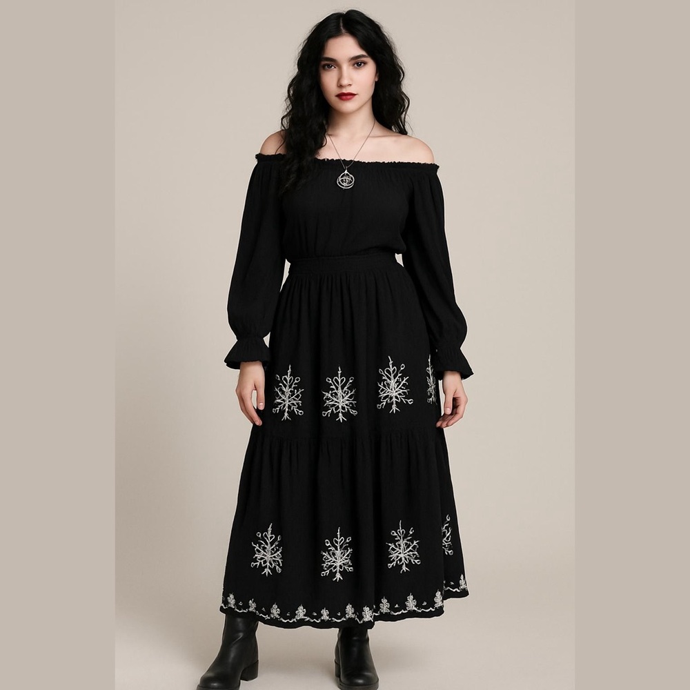 Women’s Black Embroidered Sequin Maxi Skirt Size L Witchy Whimsigoth Festival